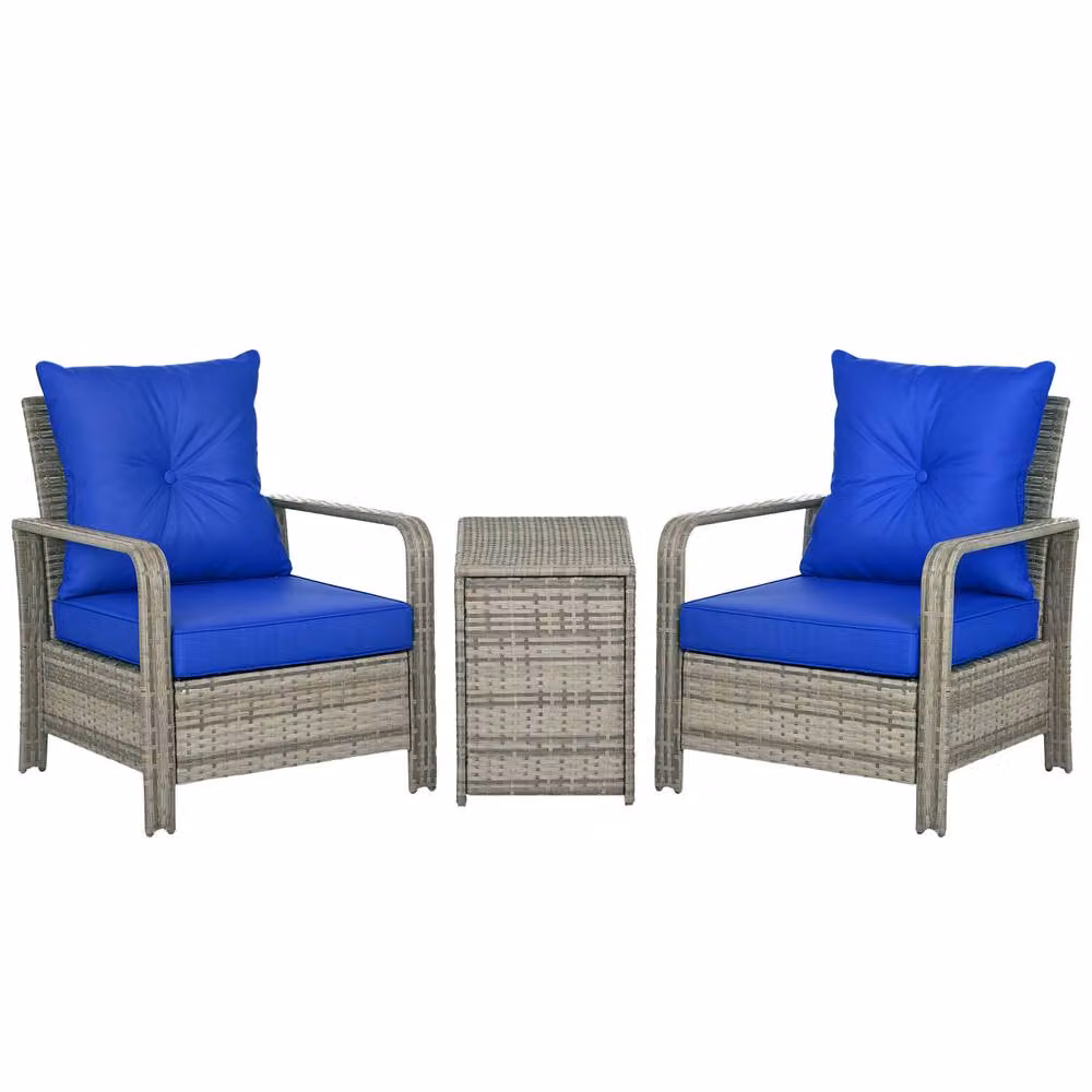 OUTSUNNY 3 Piece PE Rattan Garden Sofa Set with 2 Chairs and Storage Table in Blue – 2