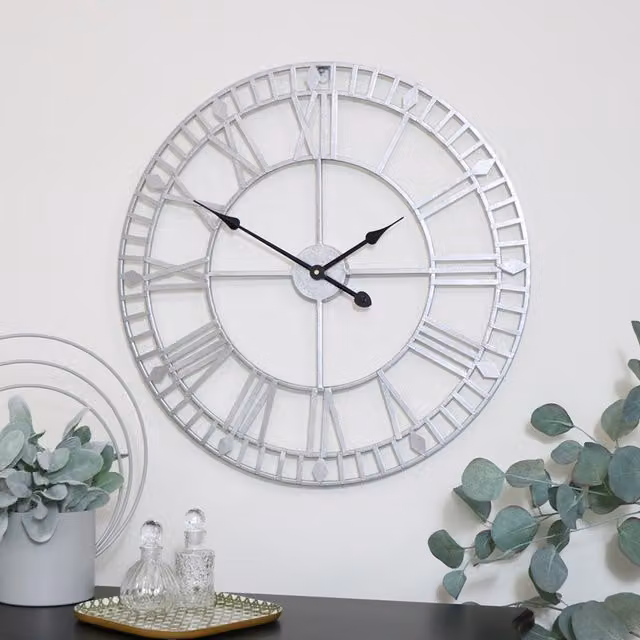 Melody Maison Silver Metal Skeleton Round Wall Clock, W: 60 cm, H: 60 cm