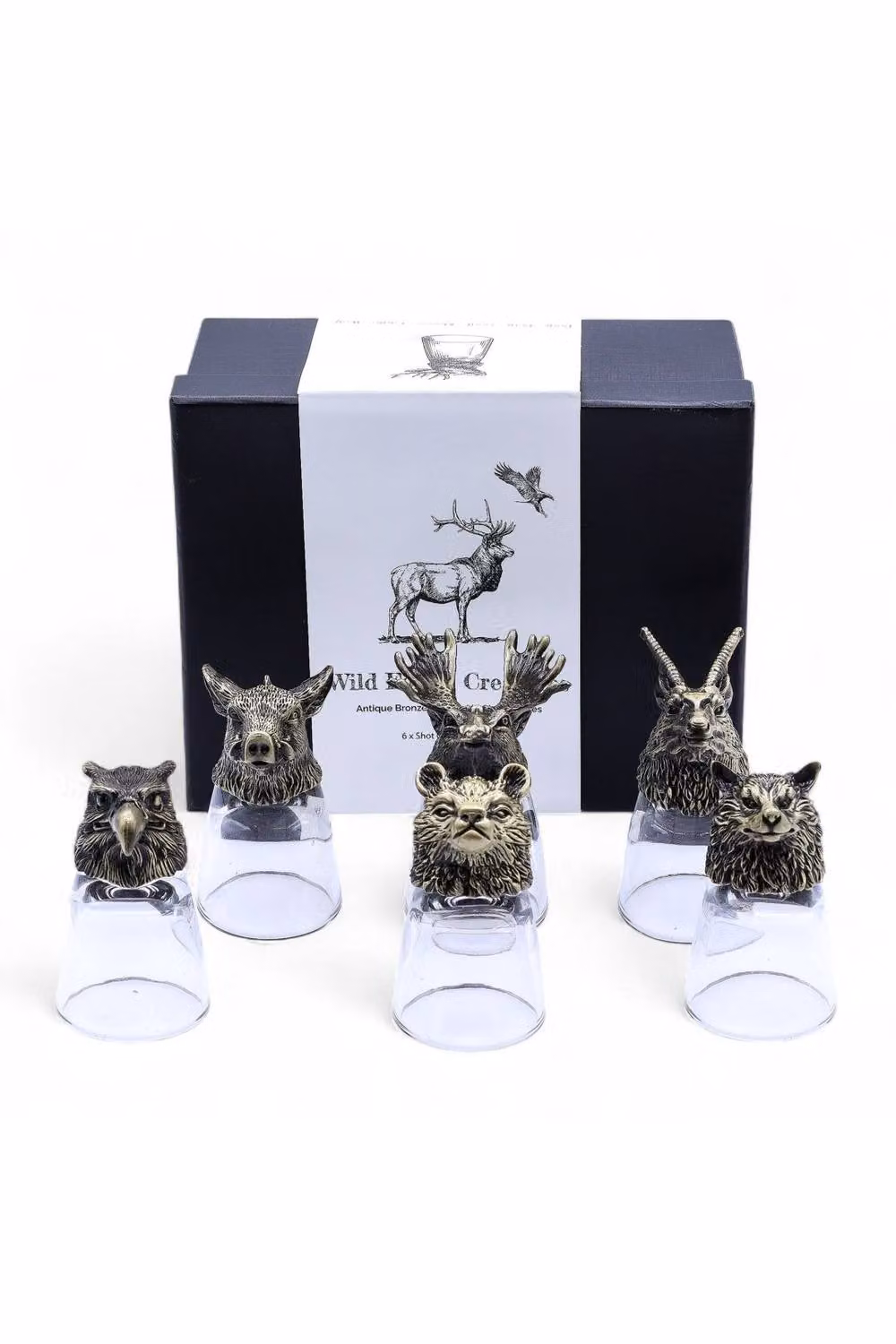 KDMD Wild Forest Creatures Shot Glass Set, 6 x 50ml Transparent and Antique Bronze Glass Shot Glasses – 3