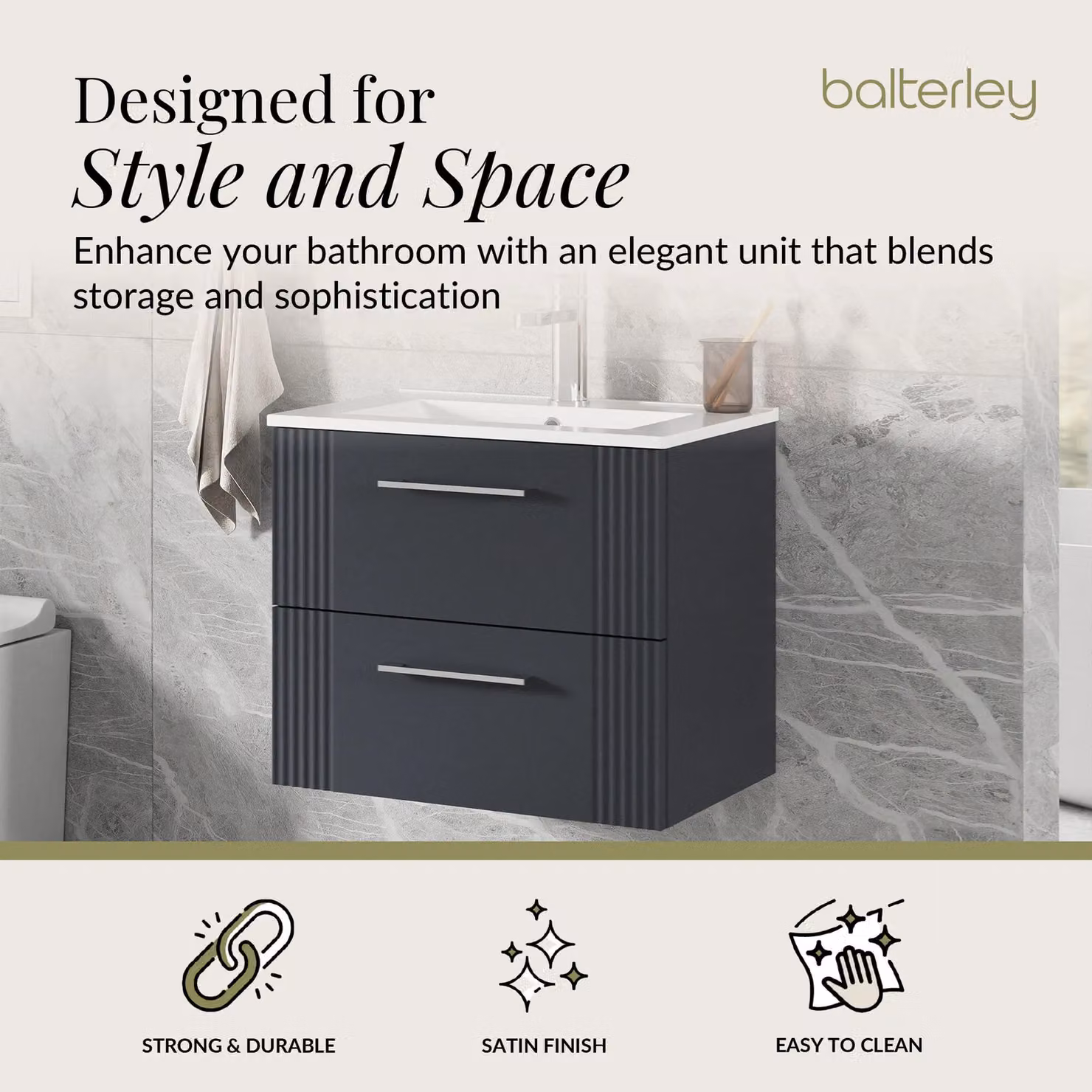 Balterley Wall Hung 2 Drawer Vanity Unit with Minimalist Basin, Satin Dark Grey, Width: 60 cm – 2