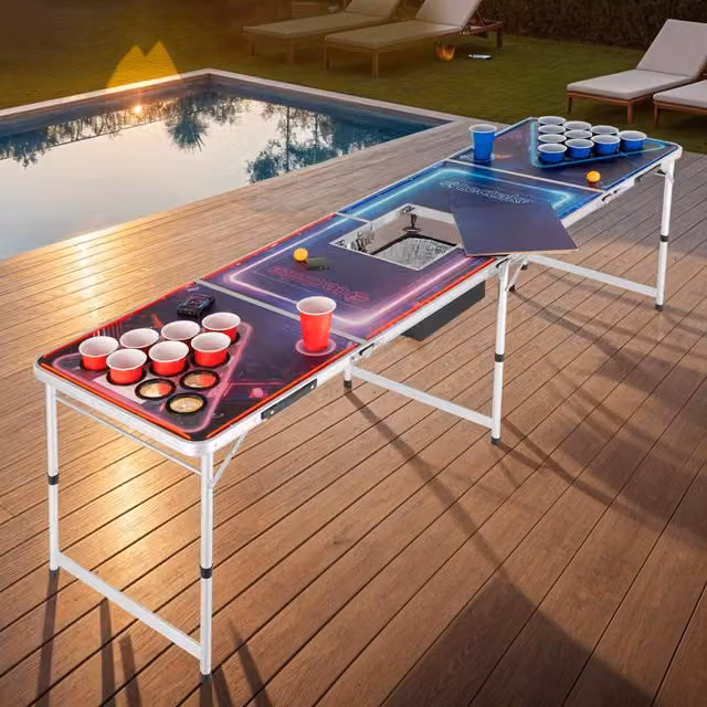 tectake Beer Pong Table with LED Lighting, Ice Box, Cup Holders, 100 Cups and 6 Balls, Multicolour