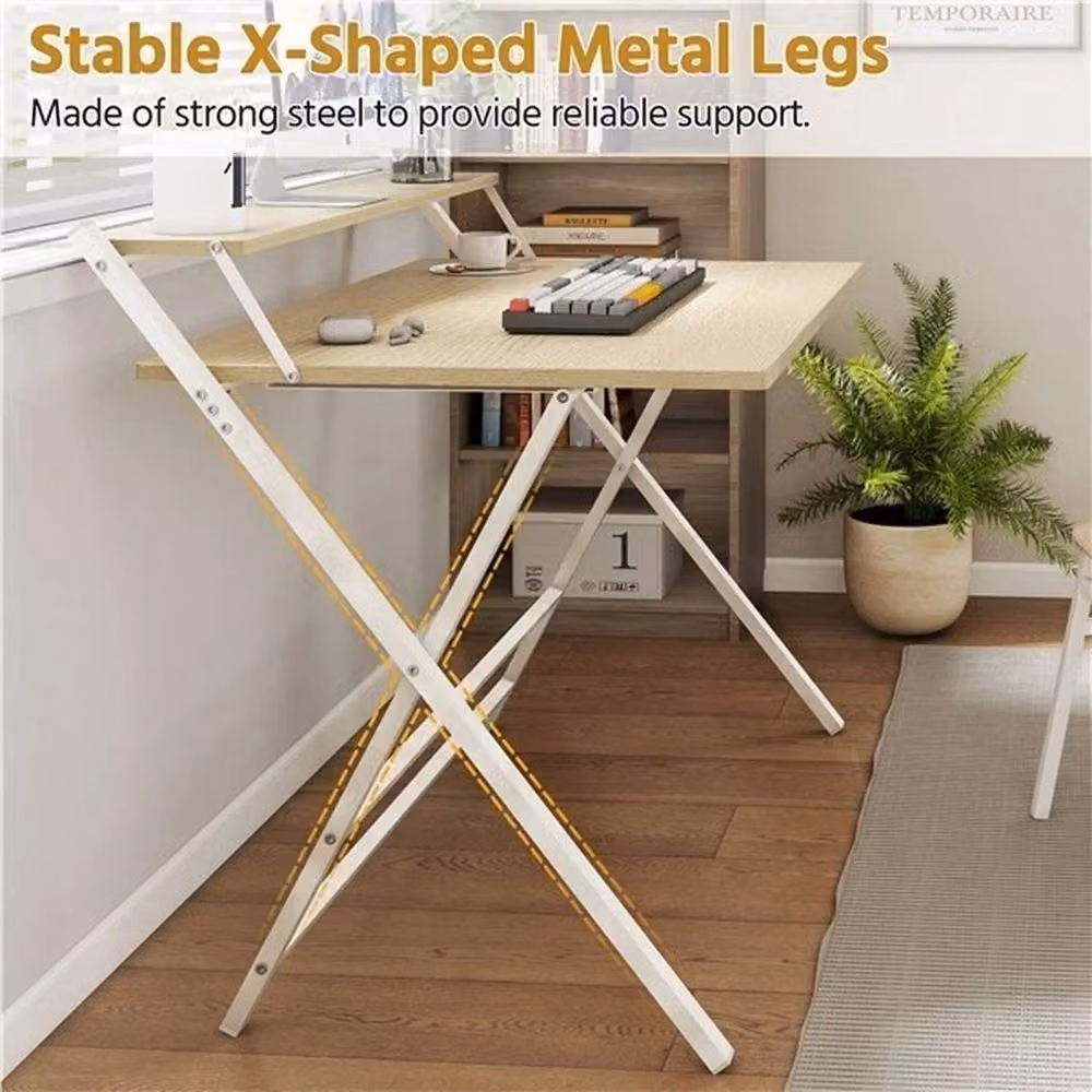 KORVIXA Foldable Computer Desk with Monitor Shelf in Sand and White – 3
