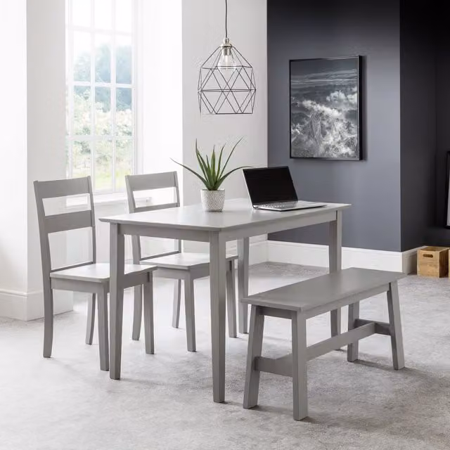 Julian Bowen Kobe Rectangular Dining Table, Bench and Chairs Set in Grey Lacquered Finish