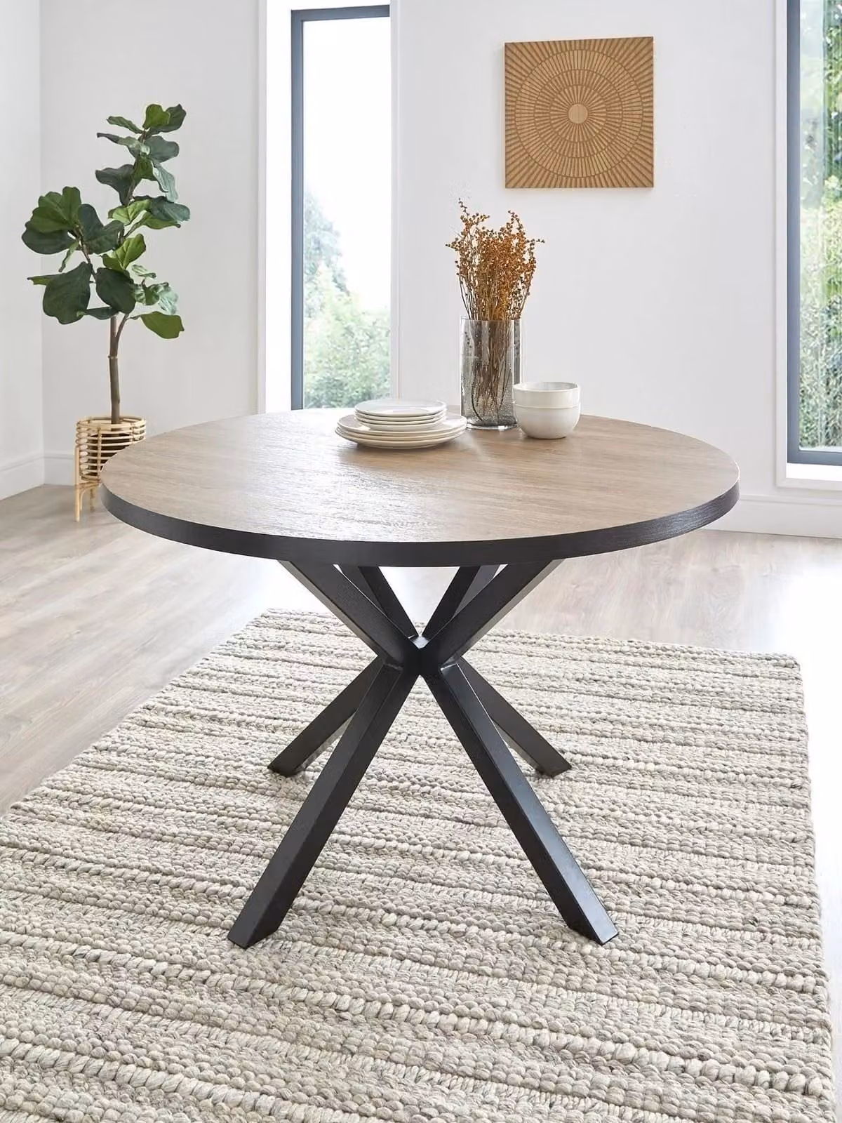 Oslo Round Dining Table in Oak and Black Modern Wood and Metal Design, Diameter: 120 cm, Height: 75.8 cm