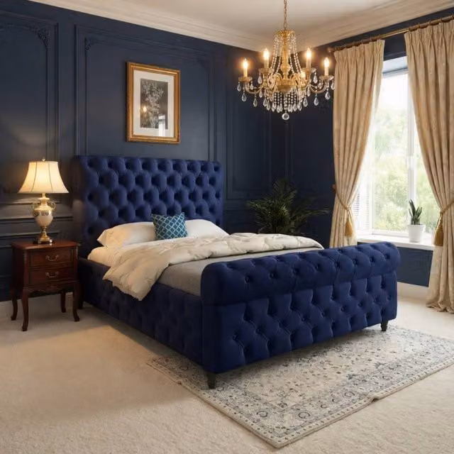 KDMD Wareham Sleigh Upholstered Designer Bed Frame in Blue Soft Velvet, Small Single – 1