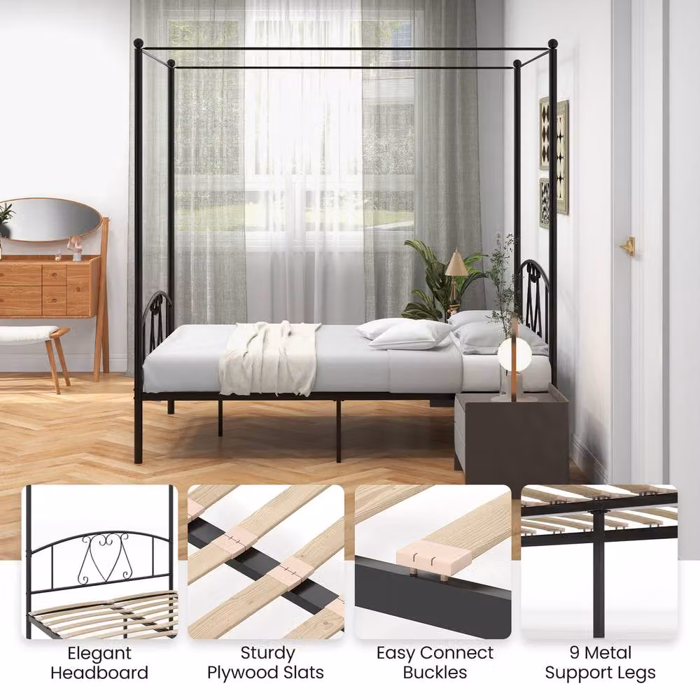 Costway Double Canopy Bed Frame with Headboard and Footboard in Black Metal – 4