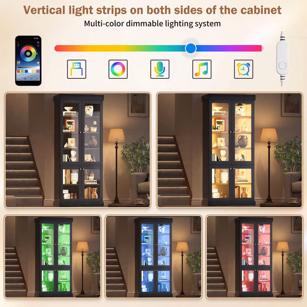 Merax Modern Tall Glass Display Cabinet with Integrated Lighting in Black, H 180 x W 40 x D 50 cm – 6