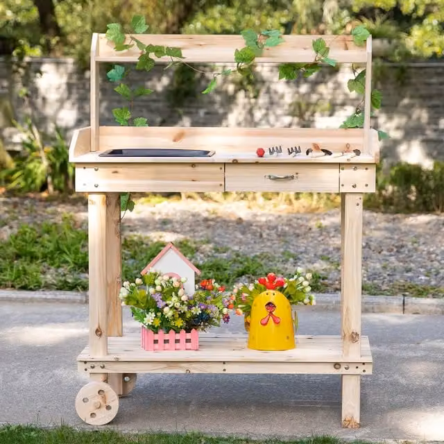 Outsunny Brown Wooden Garden Potting Bench Table and Work Station