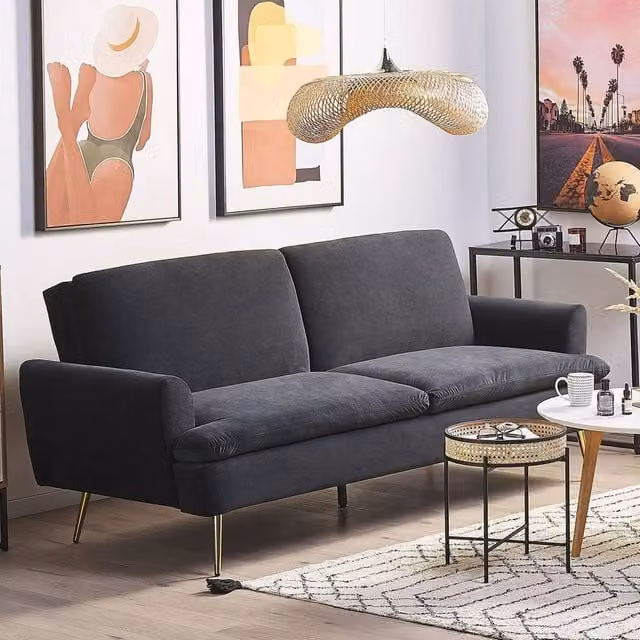 Wyld and Coco 3-Seater Velvet Click-Clack Sofa Bed in Black with Gold Legs – 1