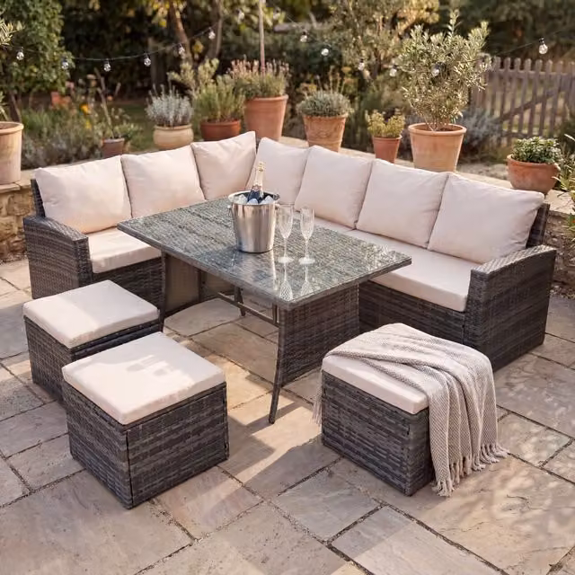 Home Garden Direct Dartmouth 9-Seat Corner Rattan Dining Sofa Set in Beige and Grey