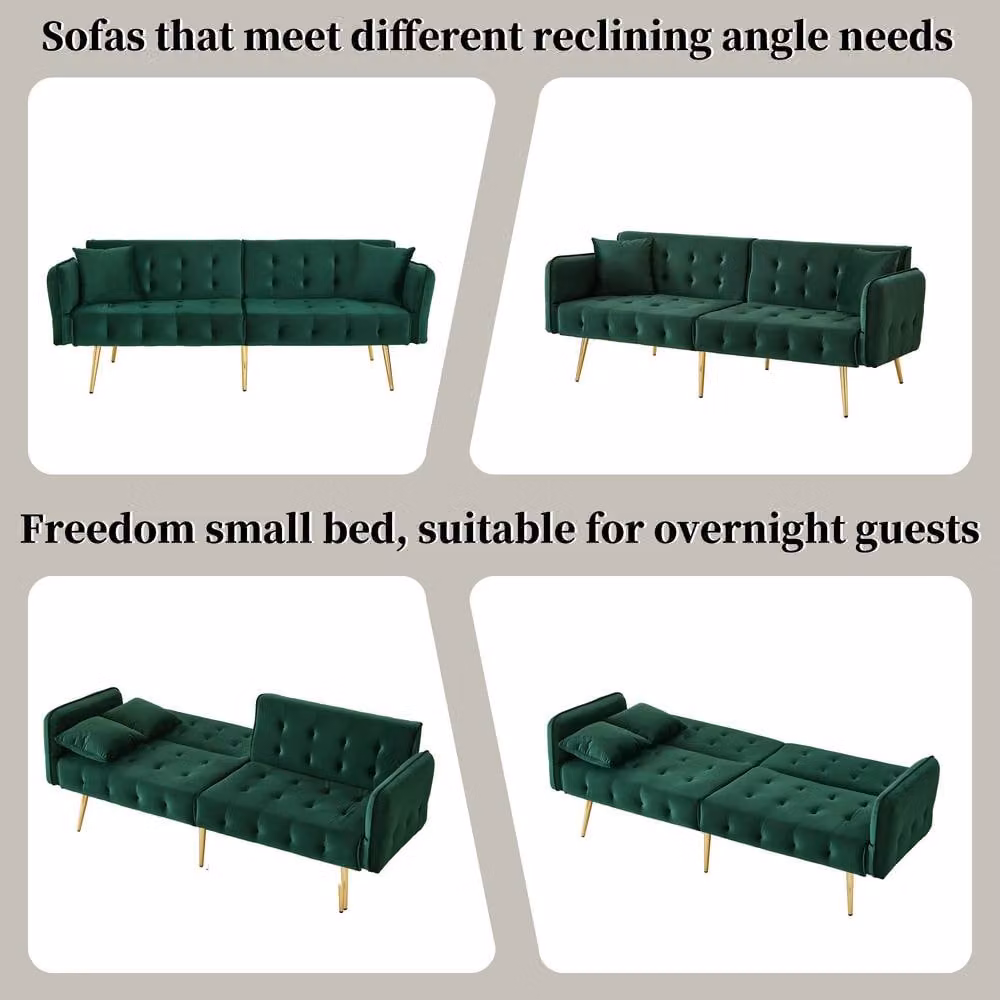 Rolipo Green Velvet 2 Seater Sofa Bed with Adjustable Headrest and Sleeping Function – 7