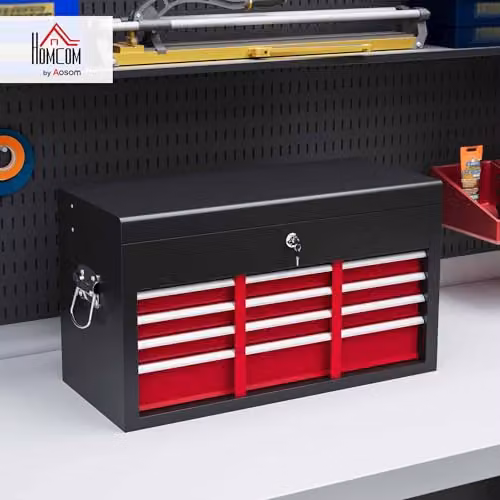 HOMCOM 6 Drawer Metal Tool Chest with Lockable Top Case in Red, W/D/H: 60.0 x 26.0 x 34.0 cm – 2