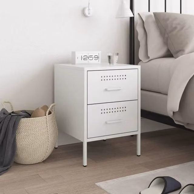 Berkfield Home Durable Metal Bedside Cabinet in White, W/D/H: 39 x 36 x 50.5 cm