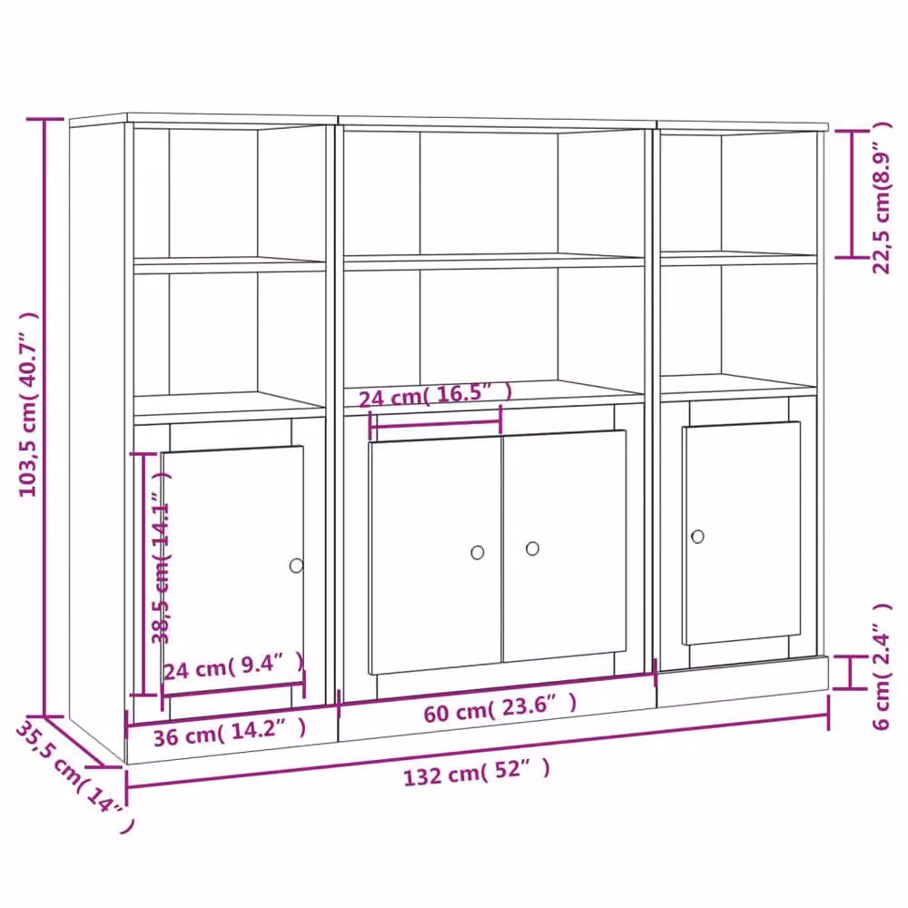Berkfield Home Set of 3 Smoked Oak Highboards in Brown, Engineered Wood – 4