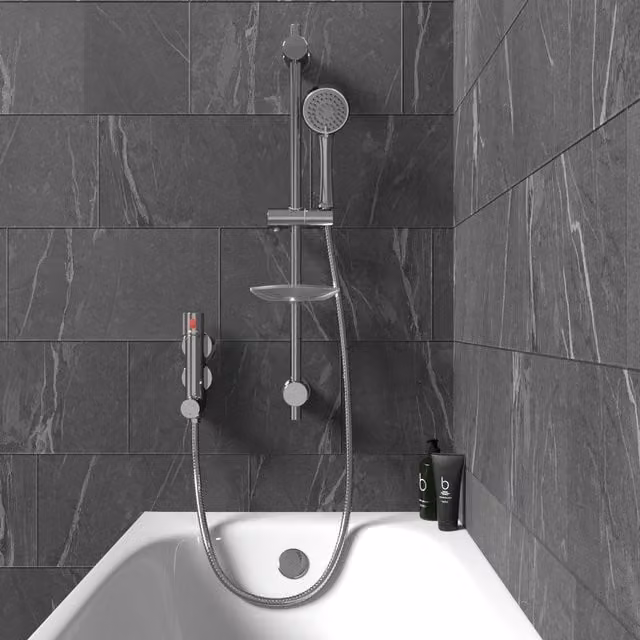 Nes Home Mini Vertical Thermostatic Shower Mixer Valve with Slider Rail, Handset and Hose in Silver – 1