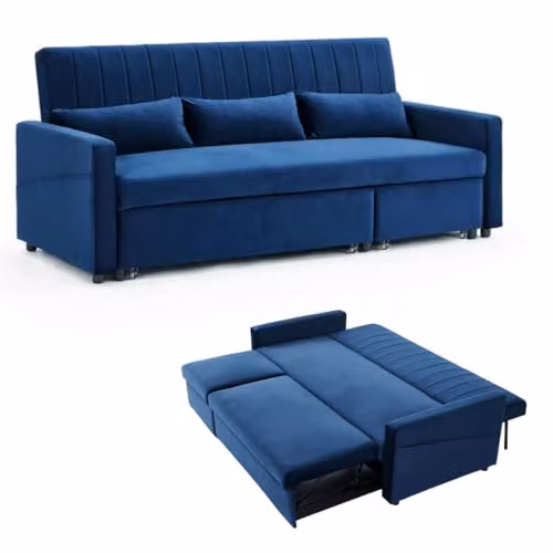 Home Detail Cornwall Blue Velvet L-Shape 3 Seater Pull-out Sofa Bed with Storage Pocket Chaise – 1
