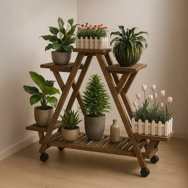 Rafaelo Mobilia 6 Tier Brown Bamboo Wooden Plant Stand with Lockable Wheels