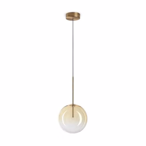 Ideal Lux Equinoxe Amber Glass Sphere Pendant Ceiling Light with Gold/Brass Metal Details, Diameter: 20 cm