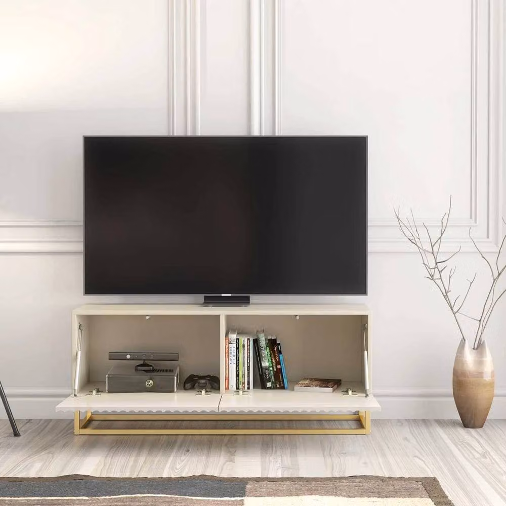 FORGEVIO Modern Matt Beige and Gold Metal TV Unit and Sideboard Cabinet – 3