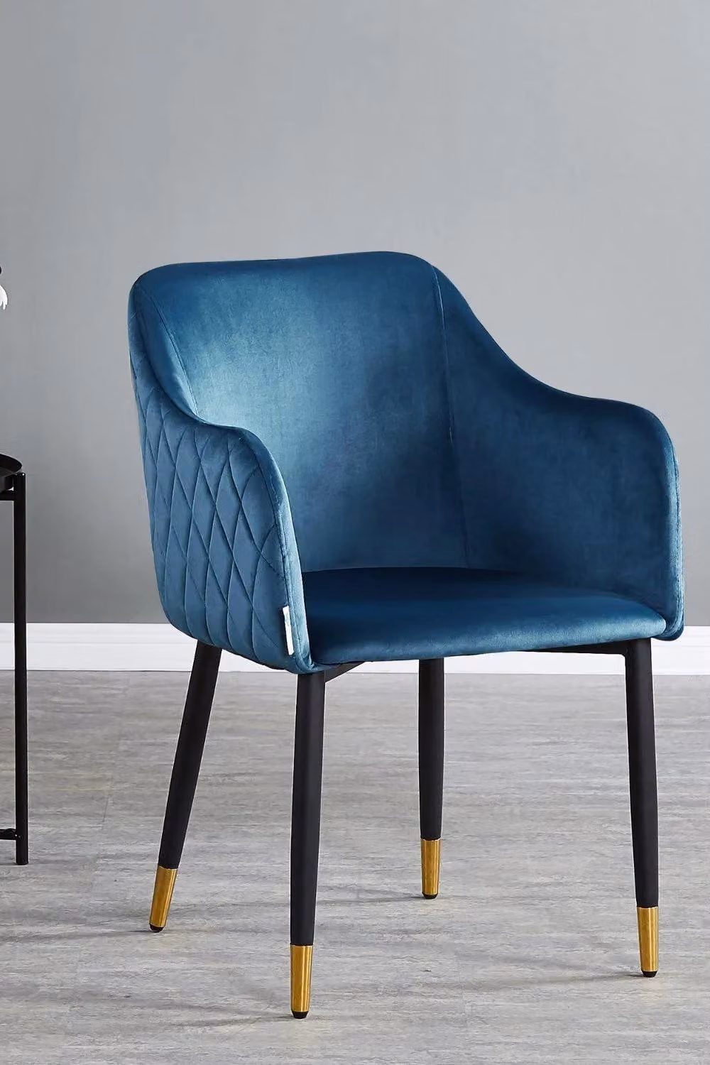 Life Interiors Verona Velvet Upholstered Dining Chair with Armrests in Blue and Black Legs with Gold Accents – 2