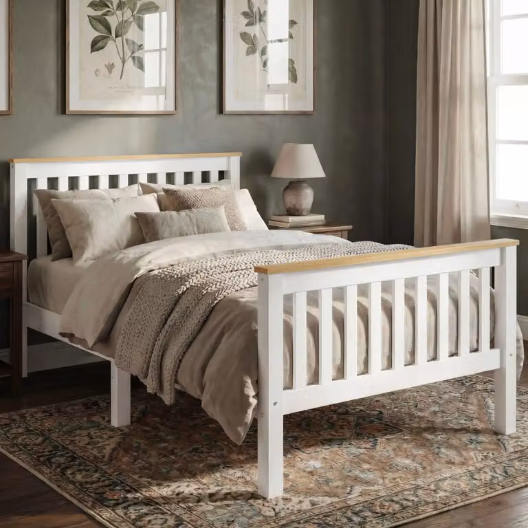 DHS Minimalist Solid Wood Single Bed Frame in White and Grey Lacquered Pine, W/D/H: 90 x 190 x 201 cm
