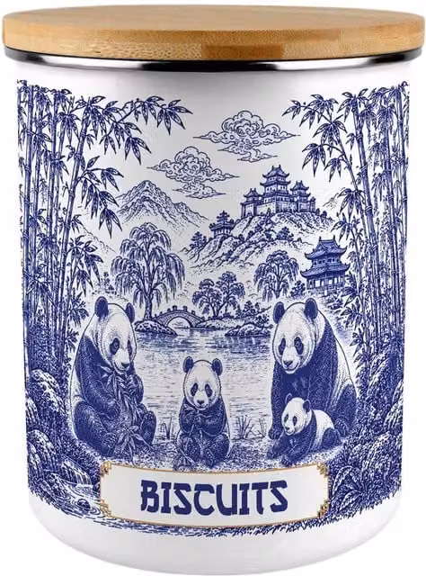 Purely Home Bamboo Forest Pandas Extra Large Metal Biscuit Tin in Blue