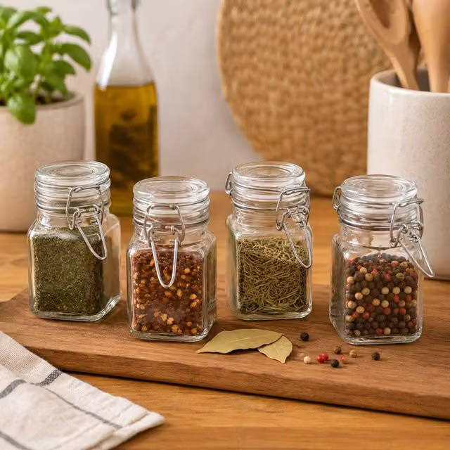 Premier Housewares Transparent Glass Spice Jars with Leakproof Clip Tops, Set of 4, W/D/H: 8 x 6 x 6 cm – 2