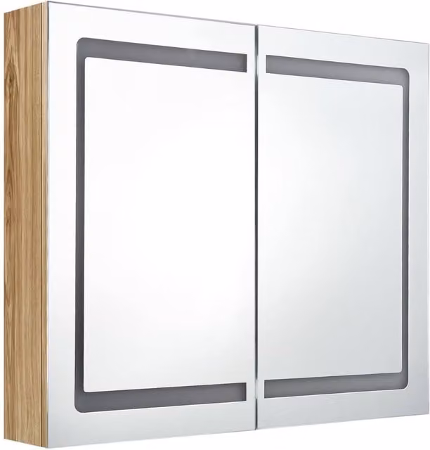 Berkfield Home LED Bathroom Mirror Cabinet in Brown Oak with Glass Doors and Internal Shelves, W/D/H: 80 x 12 x 68 cm