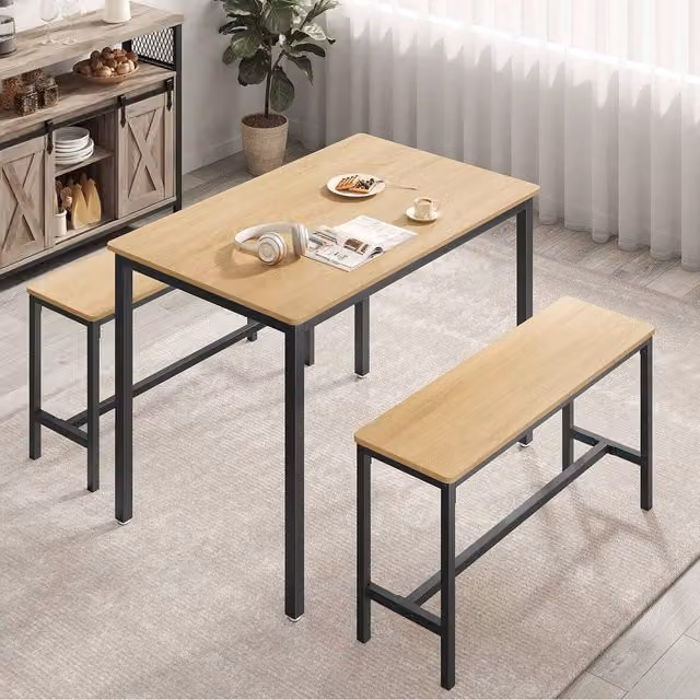 VASAGLE Industrial Dining Table and 2 Benches Set in Yellow and Brown