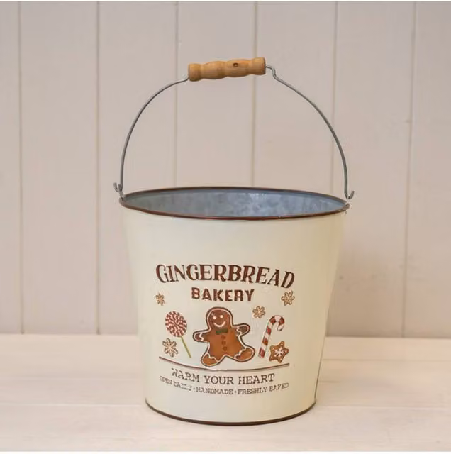 KDMD Large Gingerbread Bakery Bucket in Cream and White Metal