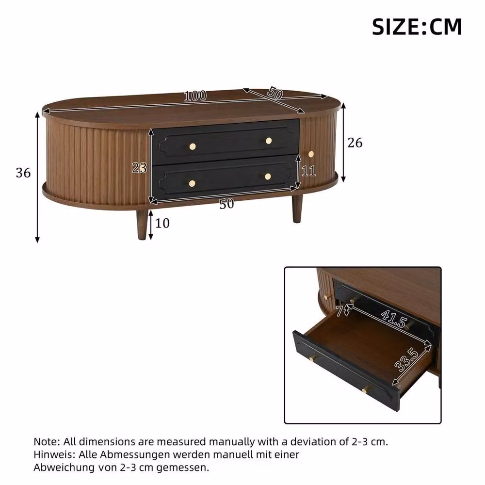 KORVIXA Walnut and Black Oval Coffee Table with Sliding Doors and 2 Drawers in Brown – 2