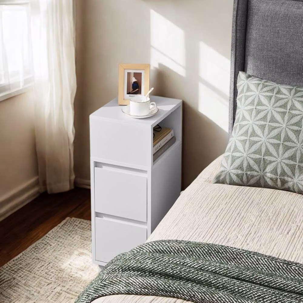 Pirlo Plush White Square Bedside Nightstand with 2 Drawers and Shelf – 4