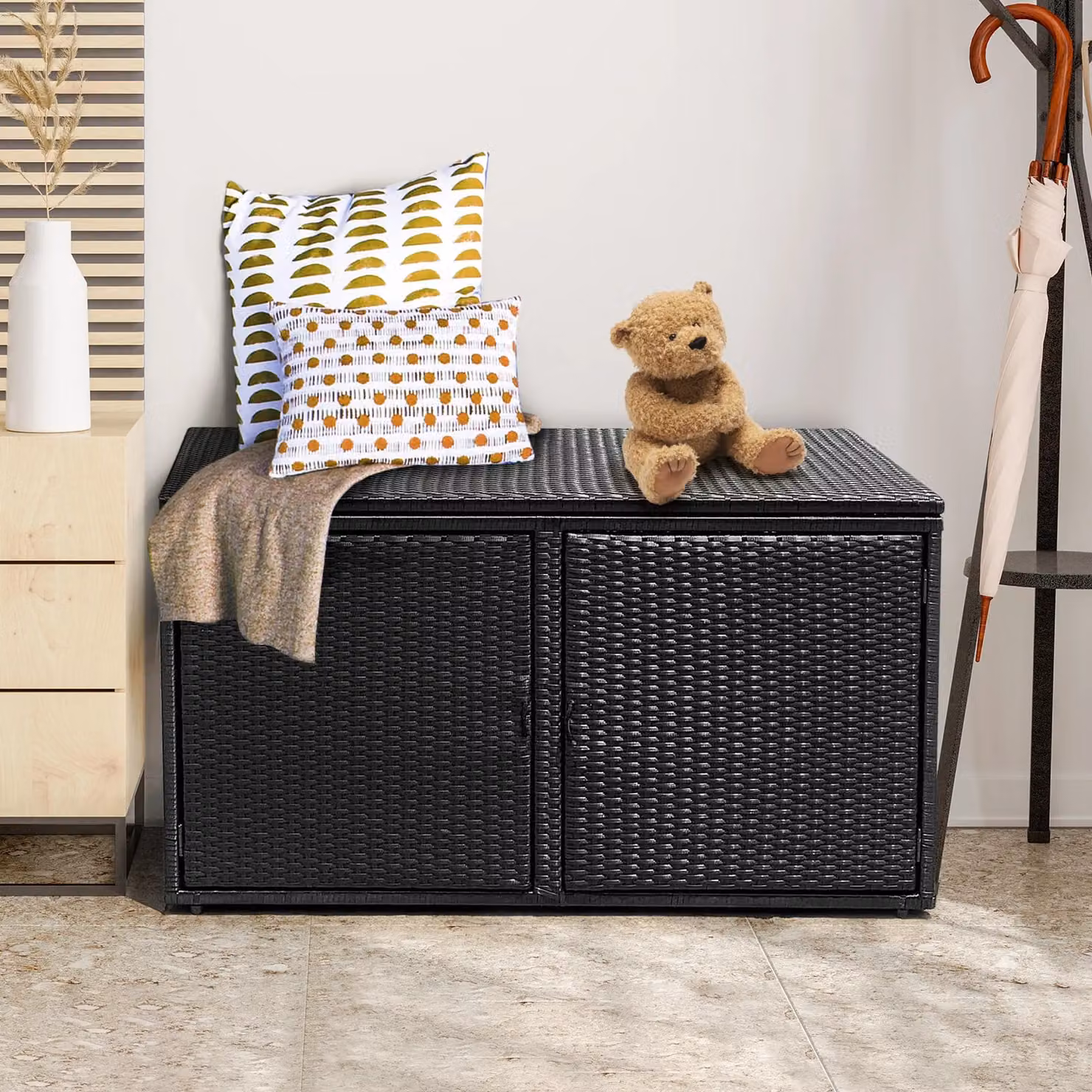 Costway Outdoor PE Wicker Garden Storage Box in Black, 330L – 6
