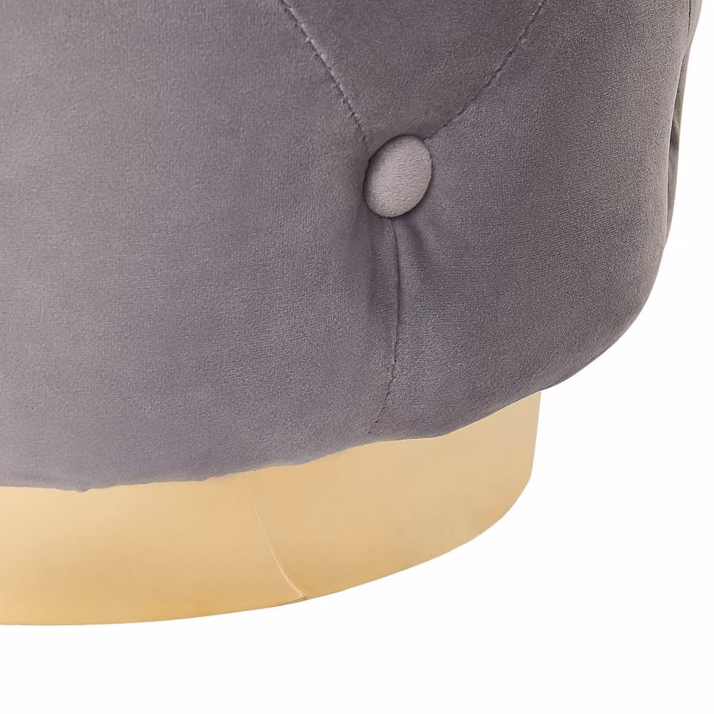 Wyld and Coco Grey Velvet Cylindrical Tufted Pouffe with Gold Metal Base, W/D/H: 40 x 41 x 40 cm – 3