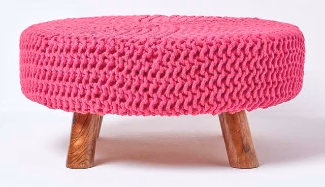 Homescapes Large Round Pink Cotton Knitted Footstool with Wood Legs