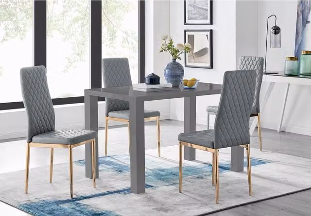 FurnitureboxUK Pivero Grey Rectangular Dining Table and 4 Milan Chairs with Gold Legs