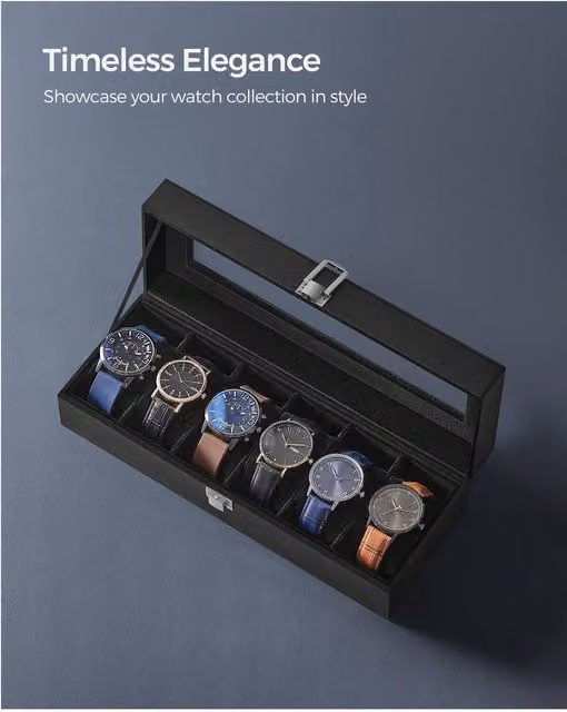 SONGMICS 6-Slot Watch Organiser Case with Glass Lid, Black