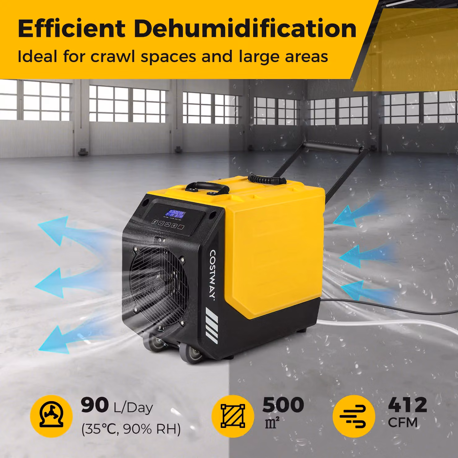 Costway Industrial Dehumidifier with Pump, 90L/Day Capacity, Yellow – 5