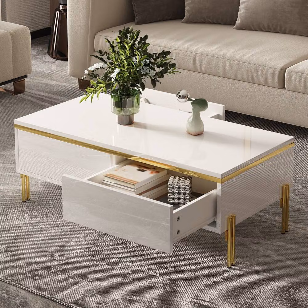 ModernLuxe High Gloss Rectangular Coffee Table with Drawers in White and Gold – 3