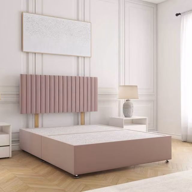 BSSPOKE Brooke Small Double Divan Bed with 24 inch Plush Velvet Headboard in Pink, W/D/H: 120 x 200 cm