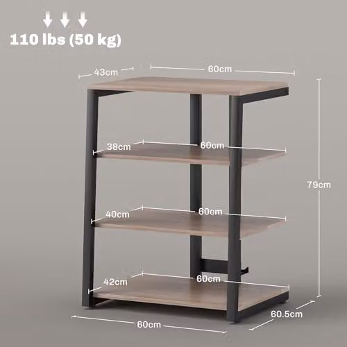 HOMCOM Industrial HiFi Stand and Media Storage Shelf in Grey with 4 Tiers and Metal Accents, W/D/H: 79.0 x 60.5 x 60.0 cm – 3