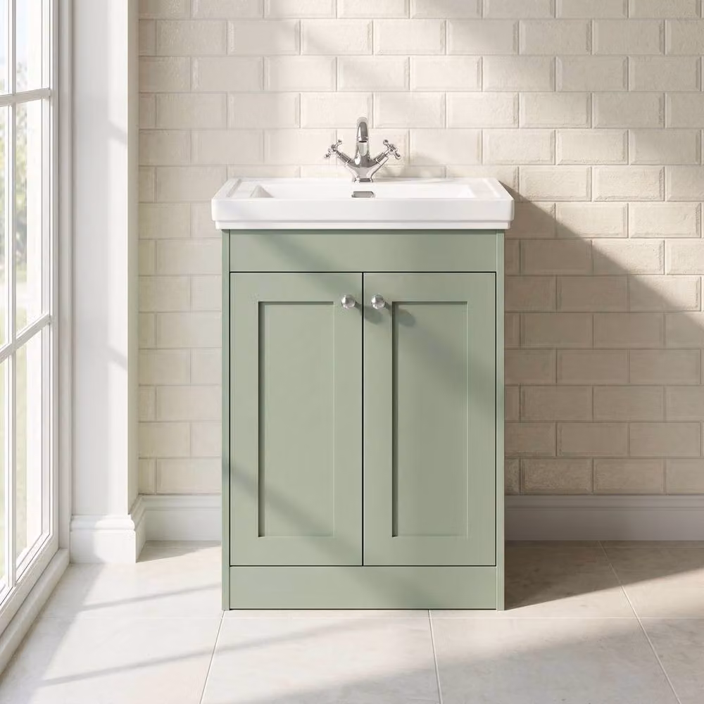 Balterley 600mm Floor Standing 2 Door Unit and Classic Basin with No Tap Hole in Matt Green – 2