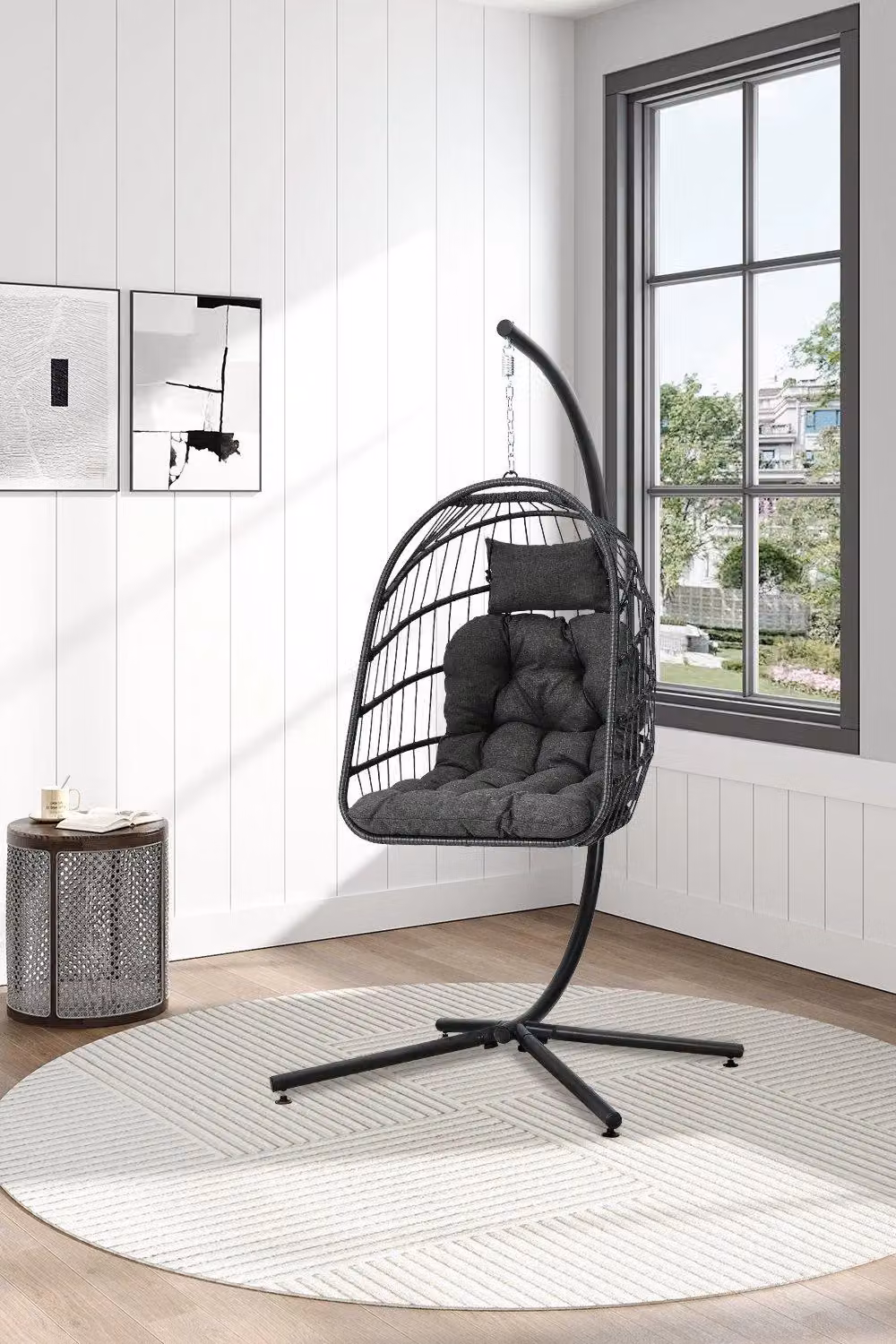 Garden Sanctuary Outdoor Hanging Chair with Stand and Cushion in Dark Grey Rattan – 2