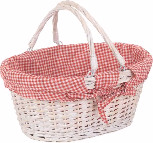 Red Wicker Open Weave Shopping Basket with White Swing Handles, W/D/H: 30.0 x 18.0 x 30.0 cm
