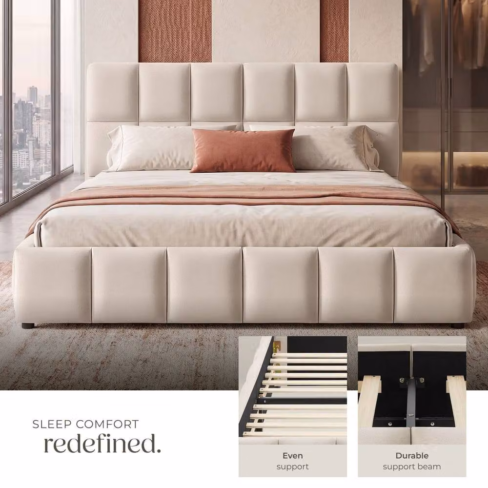 tectake Shirley Upholstered Bed with Slatted Frame and Lift Up Base in Sand, W/D/H: 140 x 200 x 93 cm – 4