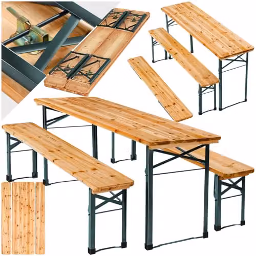 tectake Sissi 3-Piece Picnic Table and Benches Set in Brown Rustic Wood and Powder Coated Steel for 8 Adults