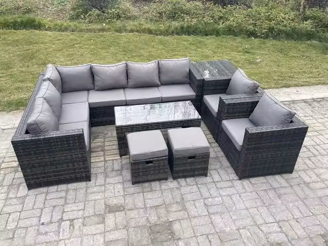 Fimous 10 Seater Rattan Corner Lounge Sofa Set with Rectangular Coffee Table, Side Table and 2 Armchairs in Dark Grey