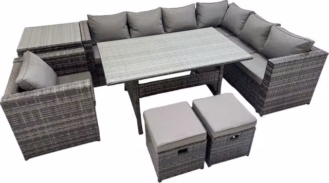 Fimous 9 Seater Patio Dining Corner Sofa Set with Chair and 2 Small Stools in Dark Grey
