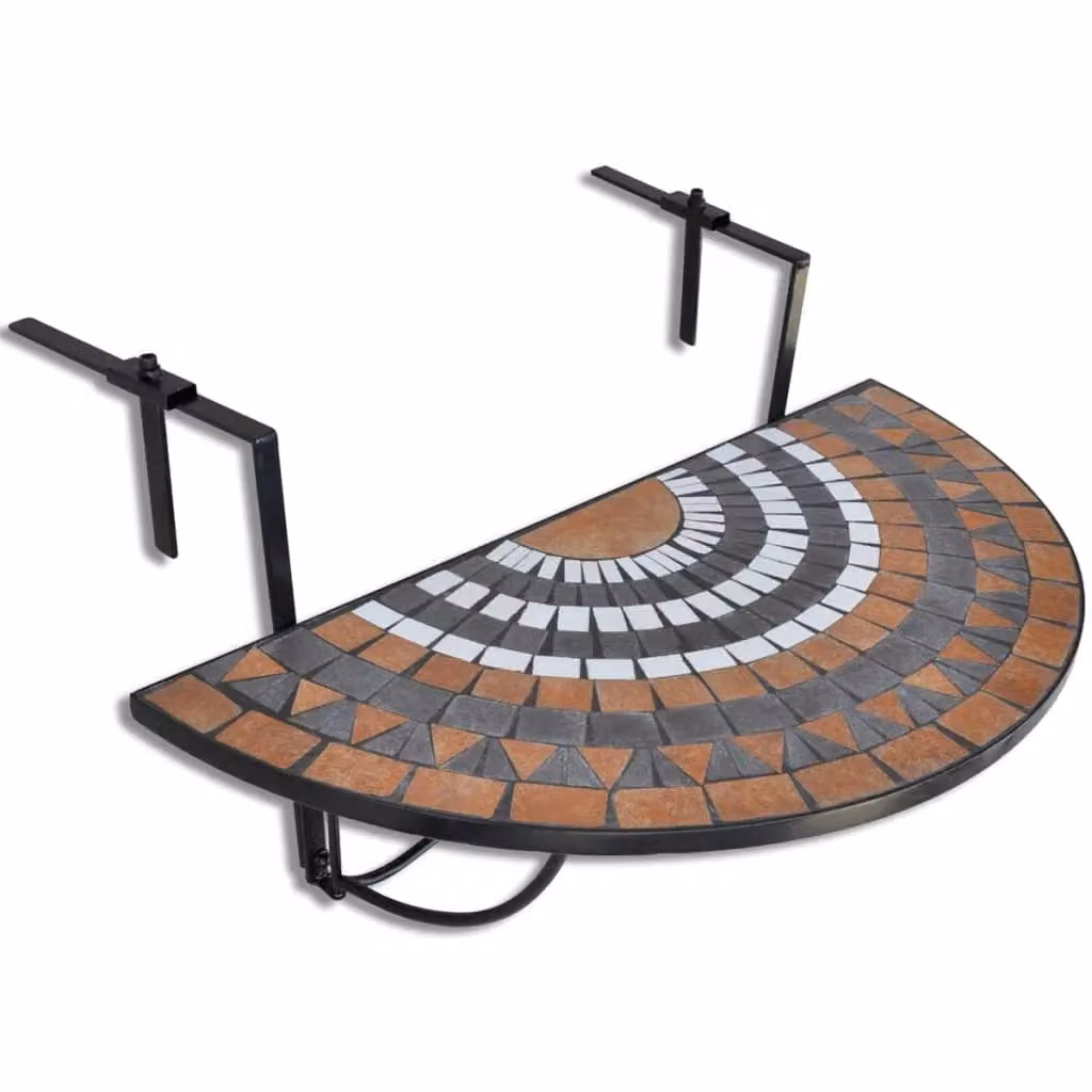 Berkfield Home Hanging Balcony Table with Brown and White Geometric Ceramic Mosaic Top and Powder Coated Steel Frame – 2