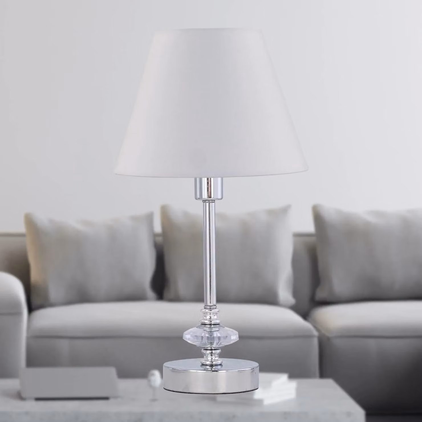 First Choice Lighting Set of 2 Chrome Jewelled Table Lamps with White Fabric Cone Shades in Silver – 2